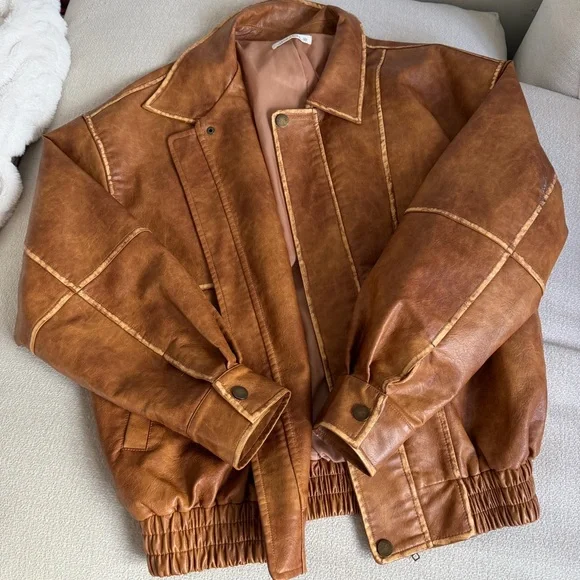 12th Tribe Cognac Faux Leather Bomber Jacket - Picture 2 of 3